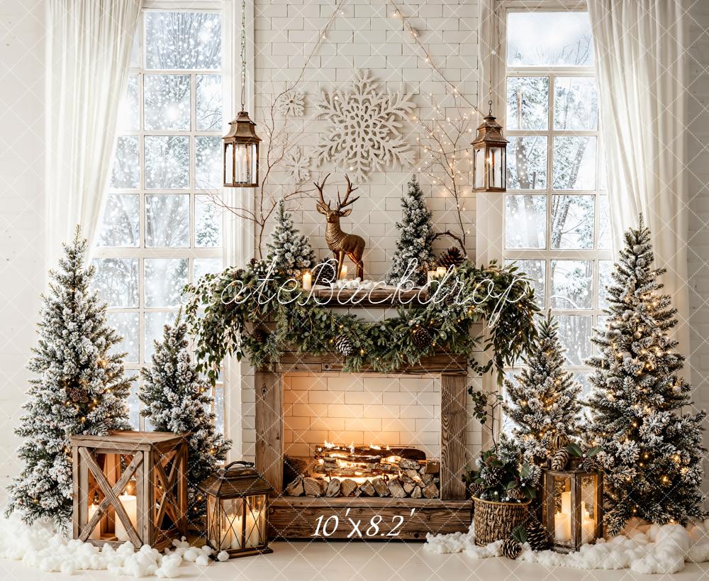 Kate Christmas Fireplace Snowy Trees Lanterns Reindeer Window Backdrop Designed by Emetselch