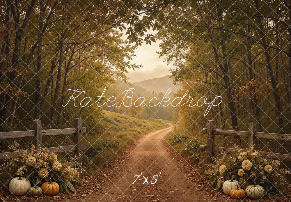 Kate Fall Forest Path Pumpkins Mountains Printed Backdrop Designed by Shutter Swan Studios