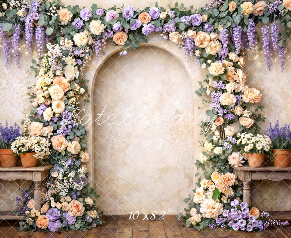 Kate Flower Arch Cream Lavender Floral Wall Printed Backdrop Designed by Mini MakeBelieve