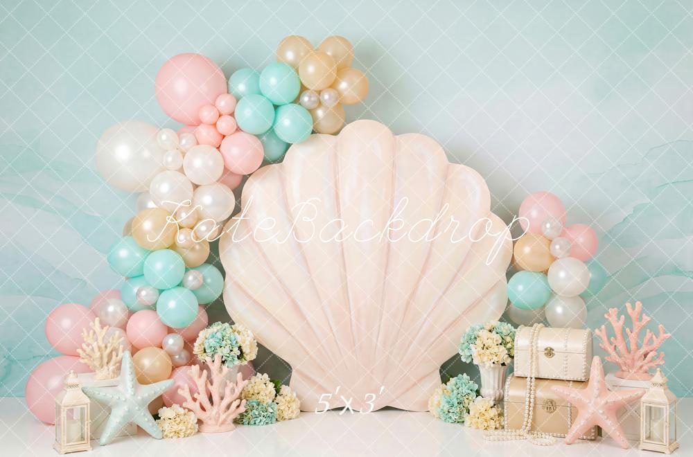 Kate Cake Smash Seashell Balloons Starfish Coral Pastel Backdrop Designed by Patty Roberts