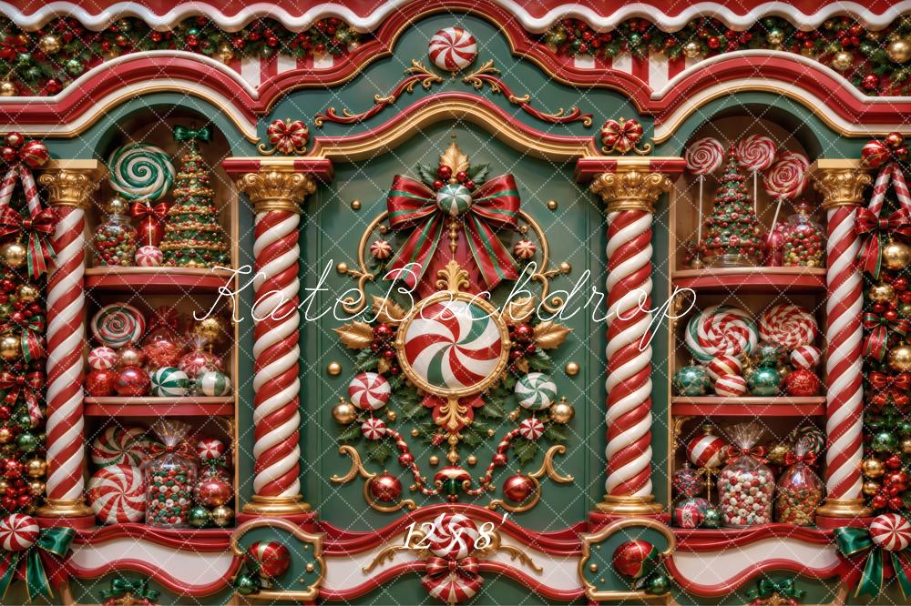 Kate Christmas Candy Peppermint Shop Green Red Printed Backdrop Designed by Vertigo Productions