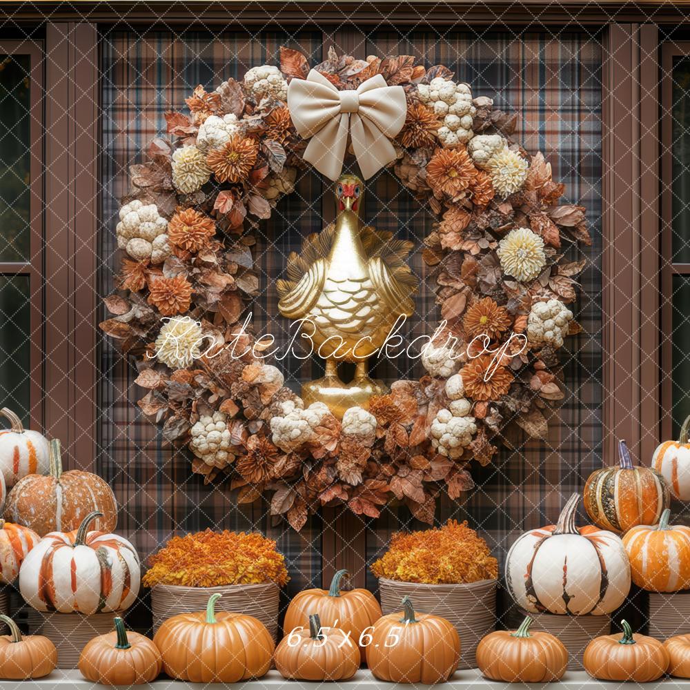 Kate Fall Pumpkin Wreath Gold Turkey Plaid Window Backdrop Designed by Mini MakeBelieve