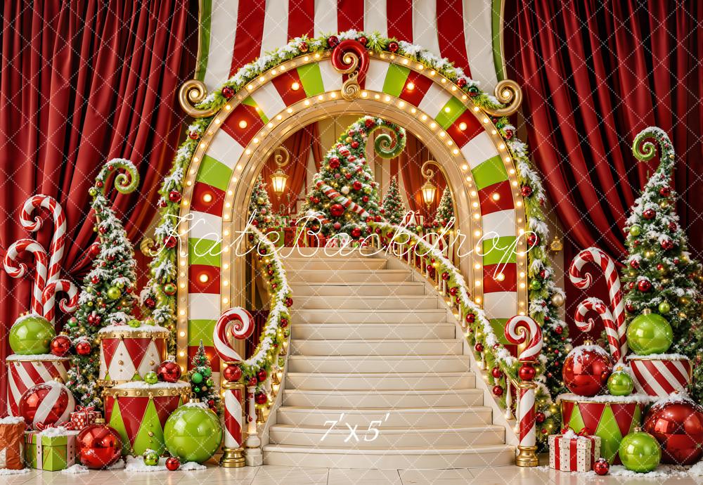 Kate Christmas Candy Cane Staircase Illuminated Arch Printed Backdrop Designed by Emetselch