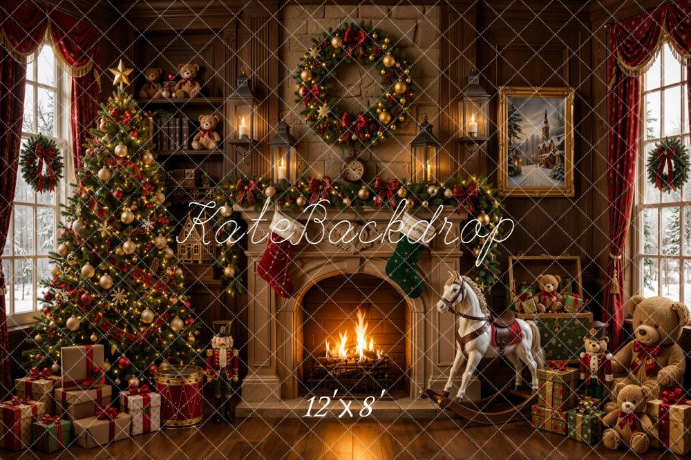 Kate Christmas Fireplace Tree Presents Rocking Horse Teddy Bear Printed Backdrop Designed by Emetselch