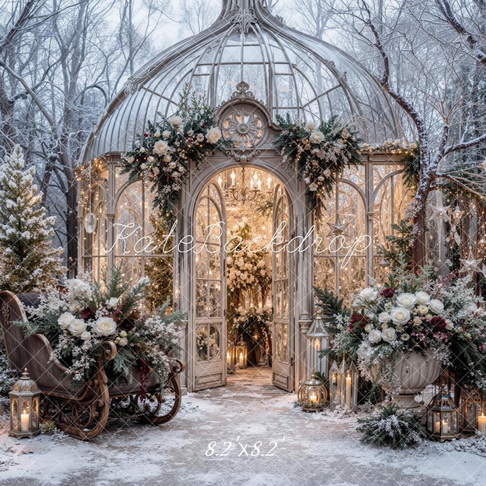 Kate Christmas Snowy Glass Greenhouse Floral Sleigh Printed Backdrop Designed by Jordan Moon