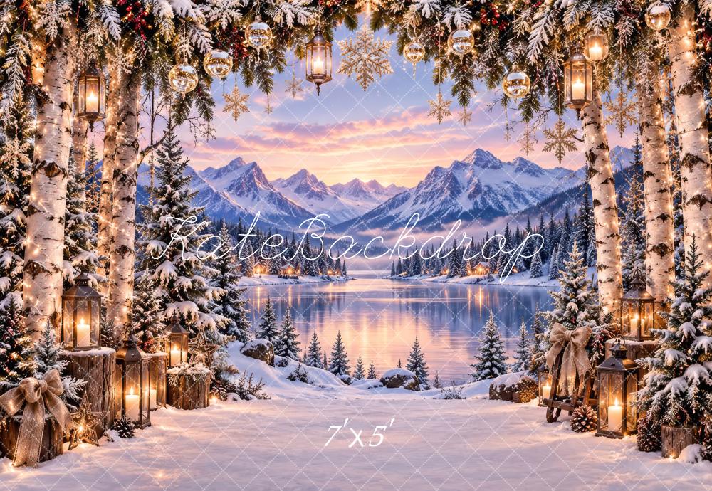 Kate Christmas Snowy Trees Mountain Lake Lanterns Printed Backdrop Designed by Laura Bybee