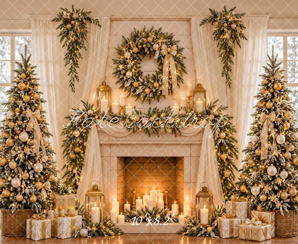 Kate Christmas Fireplace  Christmas Trees Wreath Gold Ornaments Window Printed Backdrop Designed by Emetselch