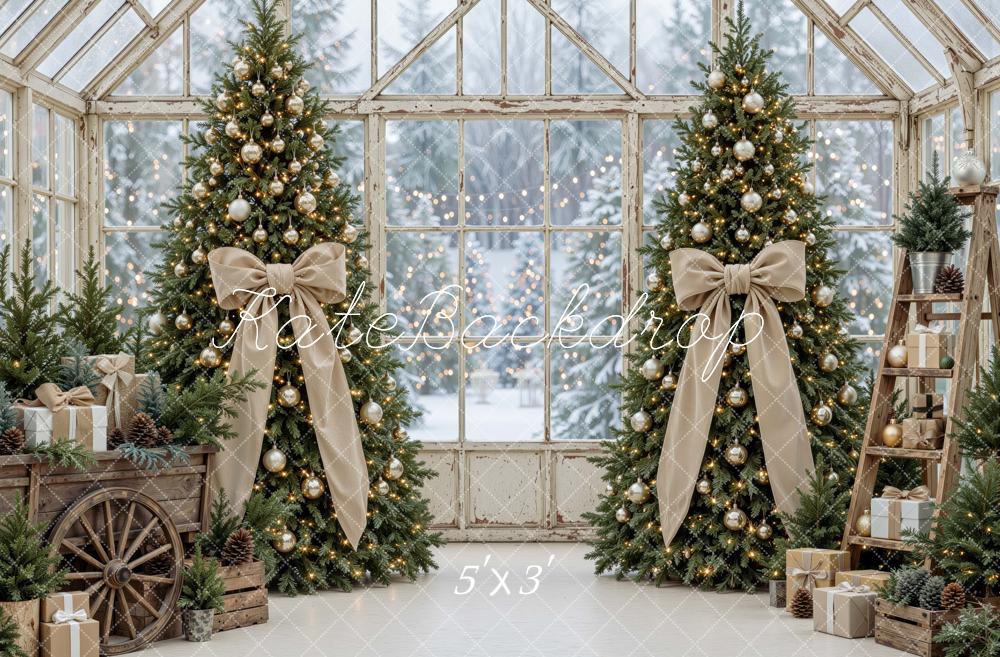 Kate Christmas Greenhouse Trees Bows Gifts Beige Printed Backdrop Designed by Mini MakeBelieve