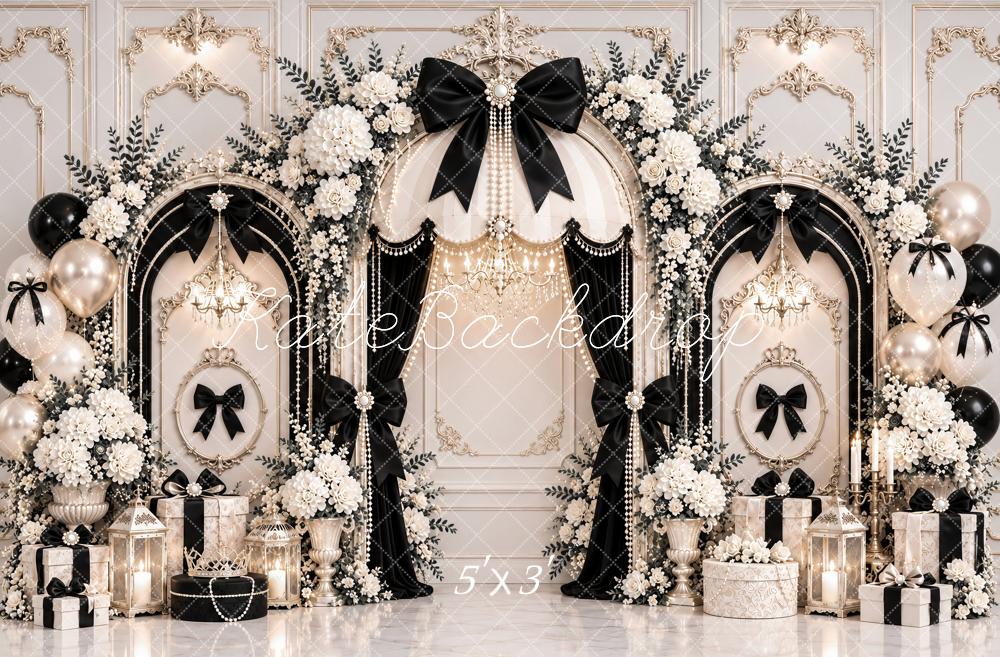 Kate Elegant Black Bow Flower Arch White Vintage Wall Printed Backdrop Designed by Ashley Paul