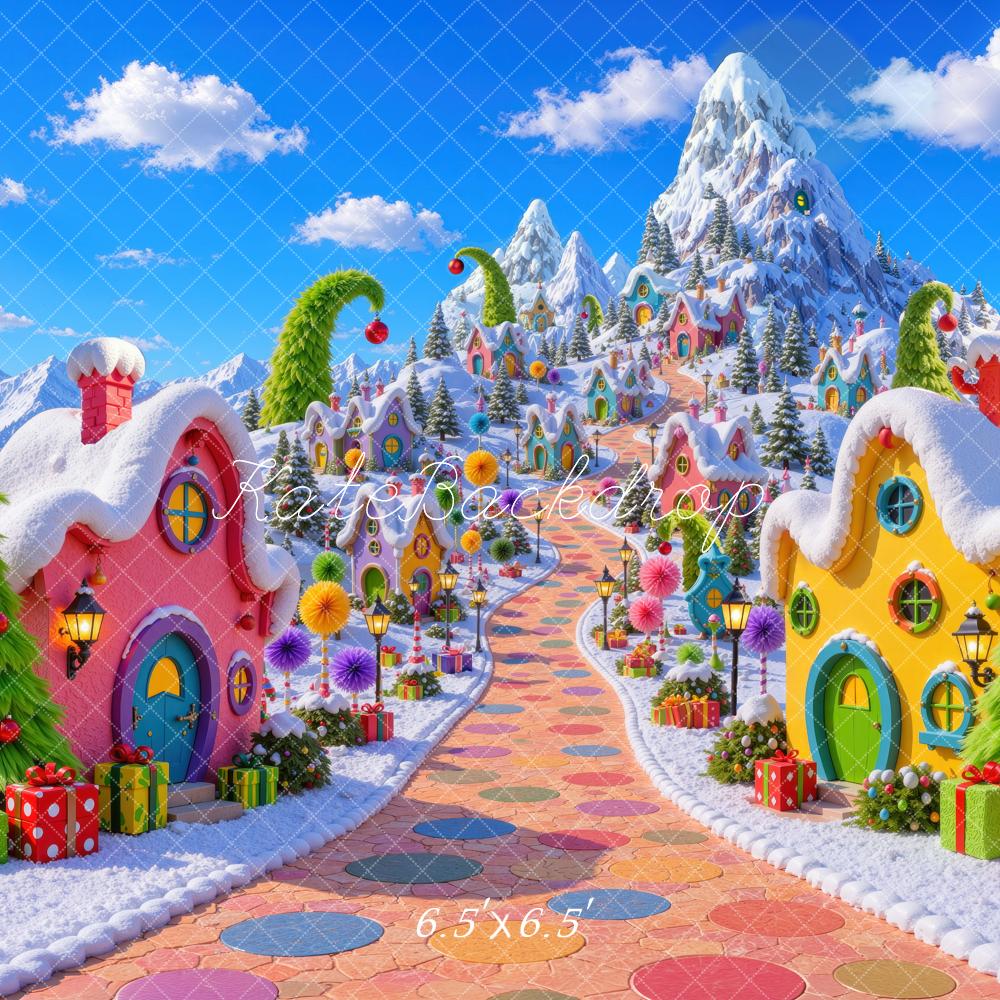 Kate Christmas Whimsical Whoville Candy Village Snowy Mountains Printed Backdrop Designed by Mini MakeBelieve