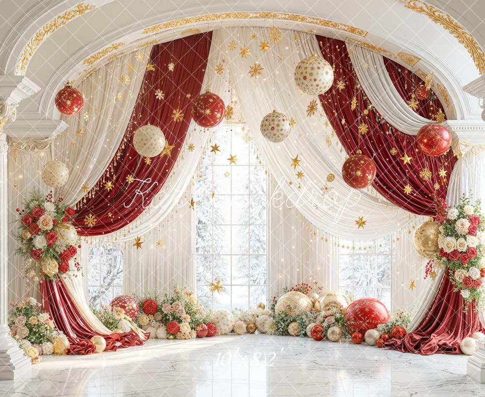 Kate Christmas Arch Red Gold Drapes Ornaments Flowers Backdrop Designed by Emetselch