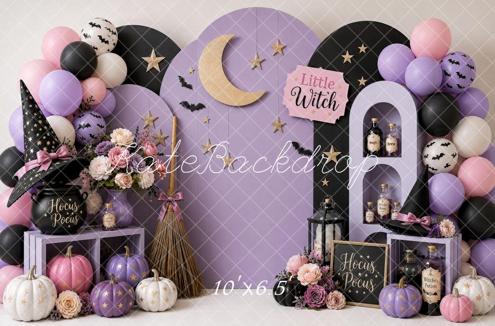Kate Halloween Birthday Witch Hat Purple Moon Pumpkins Balloons Printed Backdrop Designed by Shutter Swan Studios