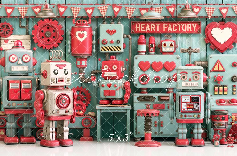 Kate Valentine's Day Robot Heart Factory Printed Backdrop Designed by Angela Miller