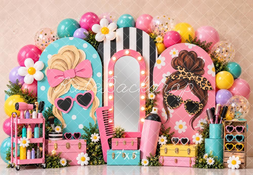 Kate Cake Smash Pink Retro Beauty Salon Vanity Mirror Printed Backdrop Designed by Laura Bybee