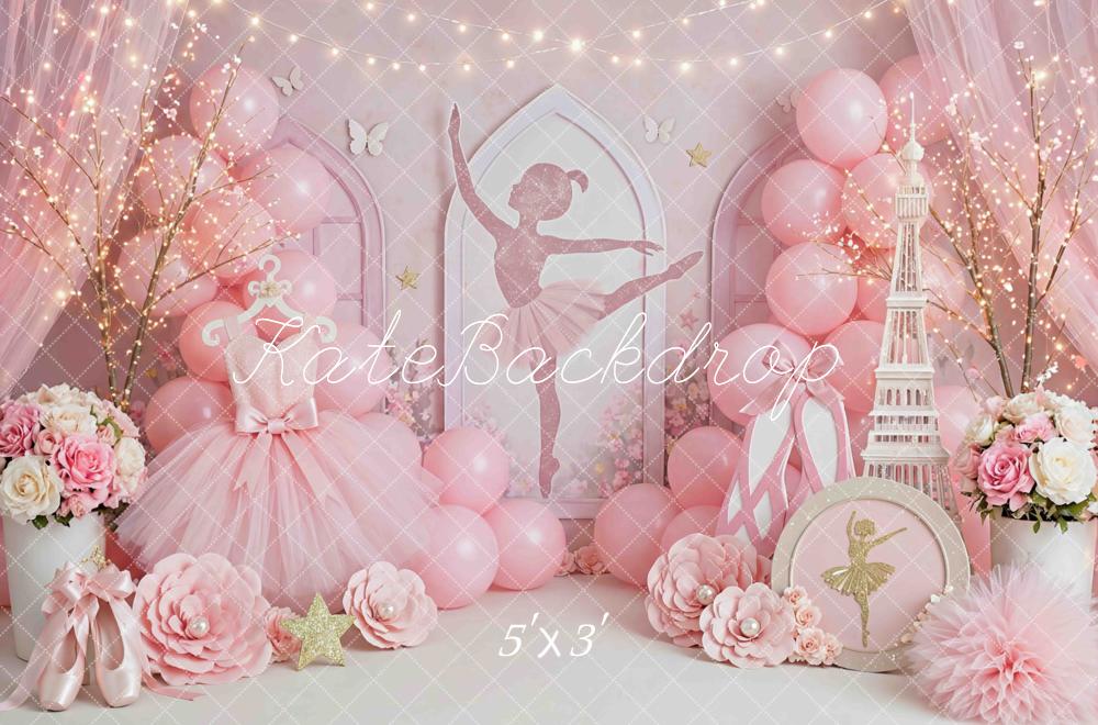 Kate Ballerina Pink Ballet Dress Eiffel Tower Flowers Balloons Printed Backdrop Designed by Mini MakeBelieve