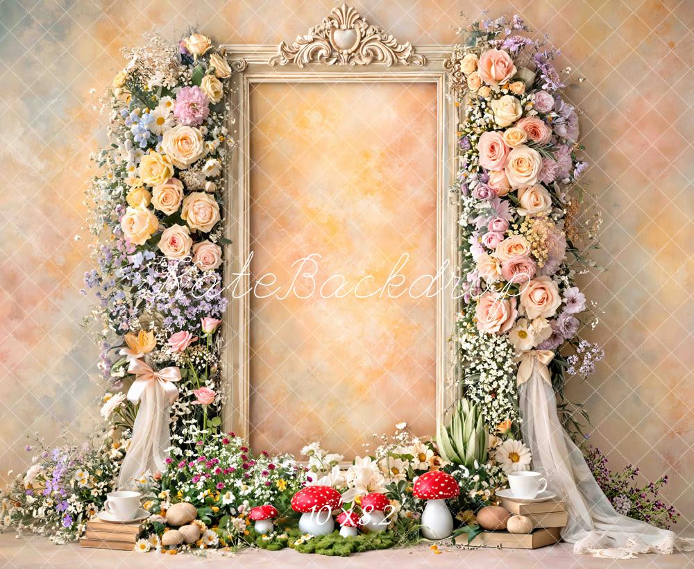 Kate Fairy Flower Arch Vintage Frame Mushrooms Pastel Printed Backdrop Designed by Mini MakeBelieve