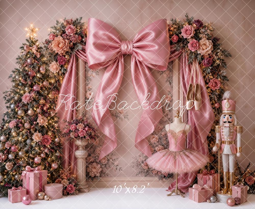 Kate Christmas Tree Pink Bow Nutcracker Ballerina Printed Backdrop Designed by Ashley Ward