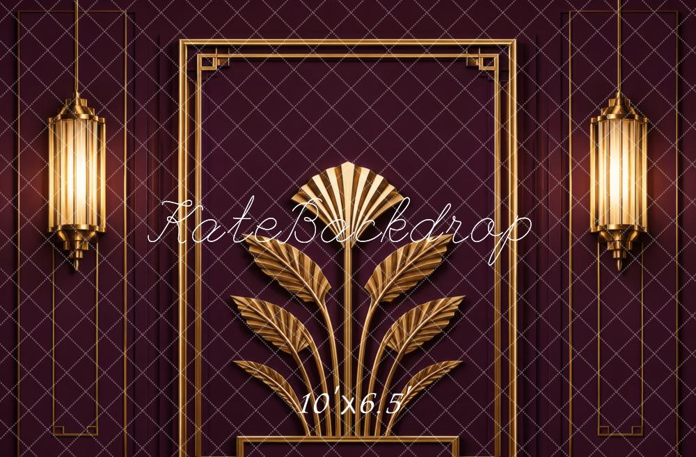 Kate 20's Retro Art Deco Gold Wall Sconces Burgundy Wall Printed Backdrop Designed by Vertigo Productions