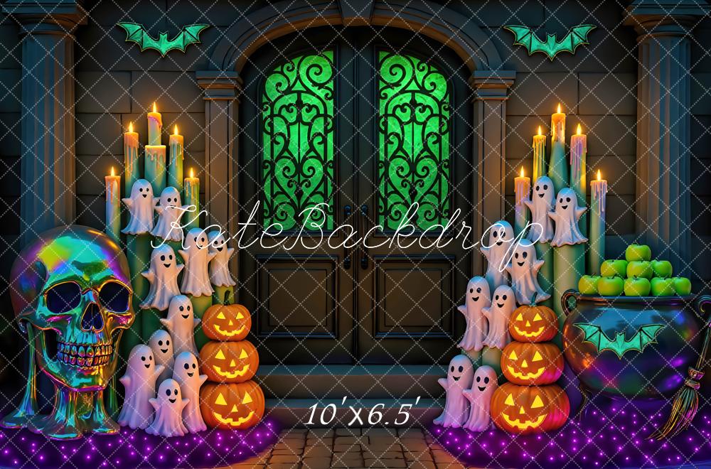 Kate Halloween Door Neon Ghosts Pumpkins Candles Skull Green Printed Backdrop Designed by Mini MakeBelieve