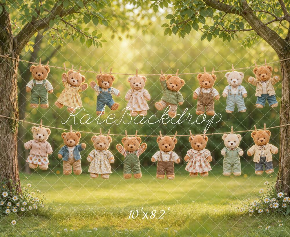 Kate Laundry Day Teddy Bears Clothesline Outdoor Trees Printed Backdrop Designed by Emetselch