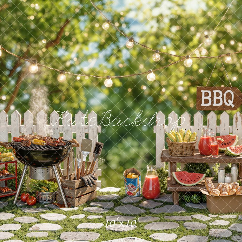 Kate Summer BBQ Grill Picnic White Picket Fence String Lights Printed Backdrop Designed by Chain Photography