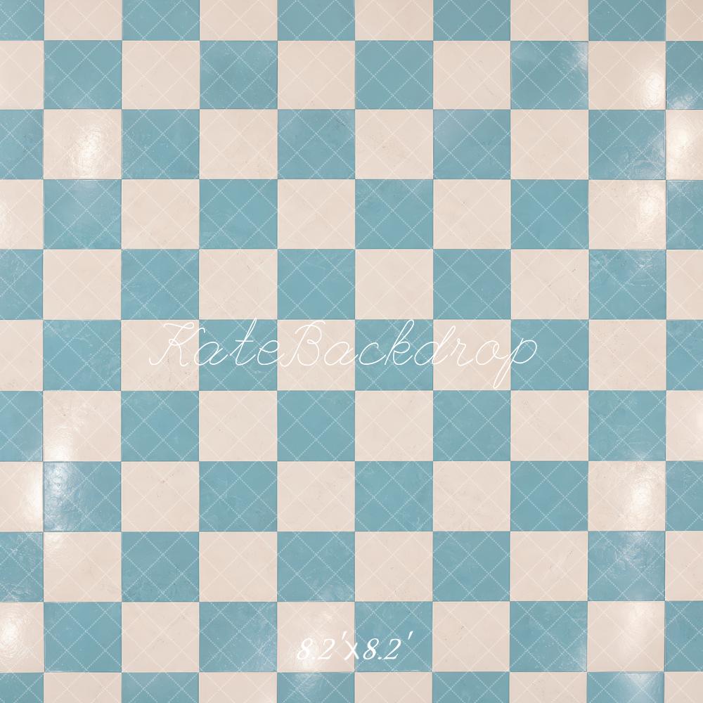 Kate Blue Cream Checkerboard Floor Printed Backdrop Designed by Laura Bybee