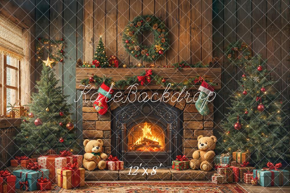 Kate Christmas Fireplace Trees Wreath Gifts Teddy Bears Printed Backdrop Designed by Emetselch