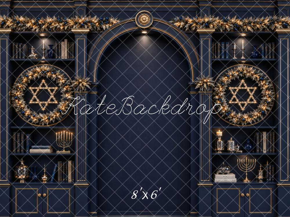 Kate Hanukkah Blue Bookshelf Arch Wreath Menorah Printed Backdrop Designed by Vertigo Productions