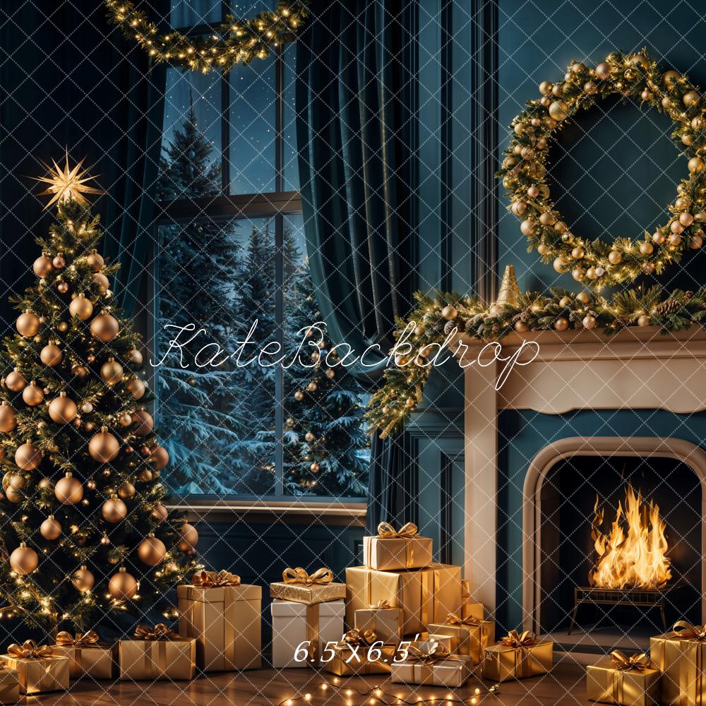 Kate Christmas Tree Night Fireplace Retro Backdrop Designed by Emetselch