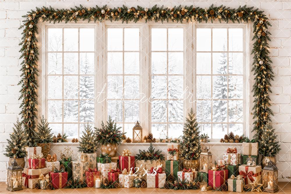 Kate Christmas Window Garland Gifts Snowy White Printed Backdrop Designed by Emetselch
