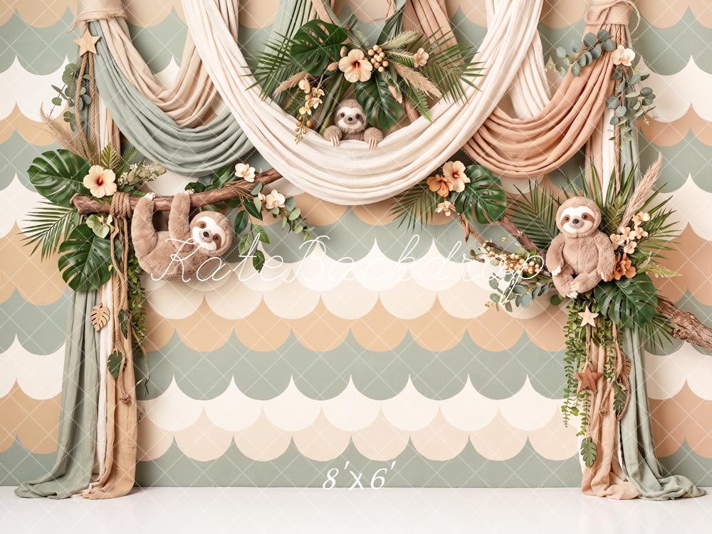Kate Cake Smash Jungle Sloth Floral Drapery Printed Backdrop Designed by Angela Miller