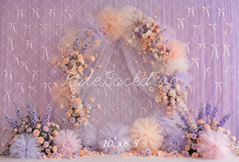 Kate Mother's Day Flower Arch Pastel Tulle Bows Purple Roses Backdrop Designed by Emetselch