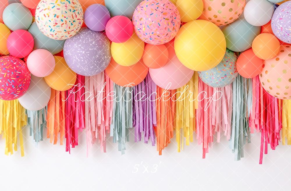 Kate Birthday Party Colorful Balloons Sprinkle Tassel Fringe Printed Backdrop Designed by Angela Miller