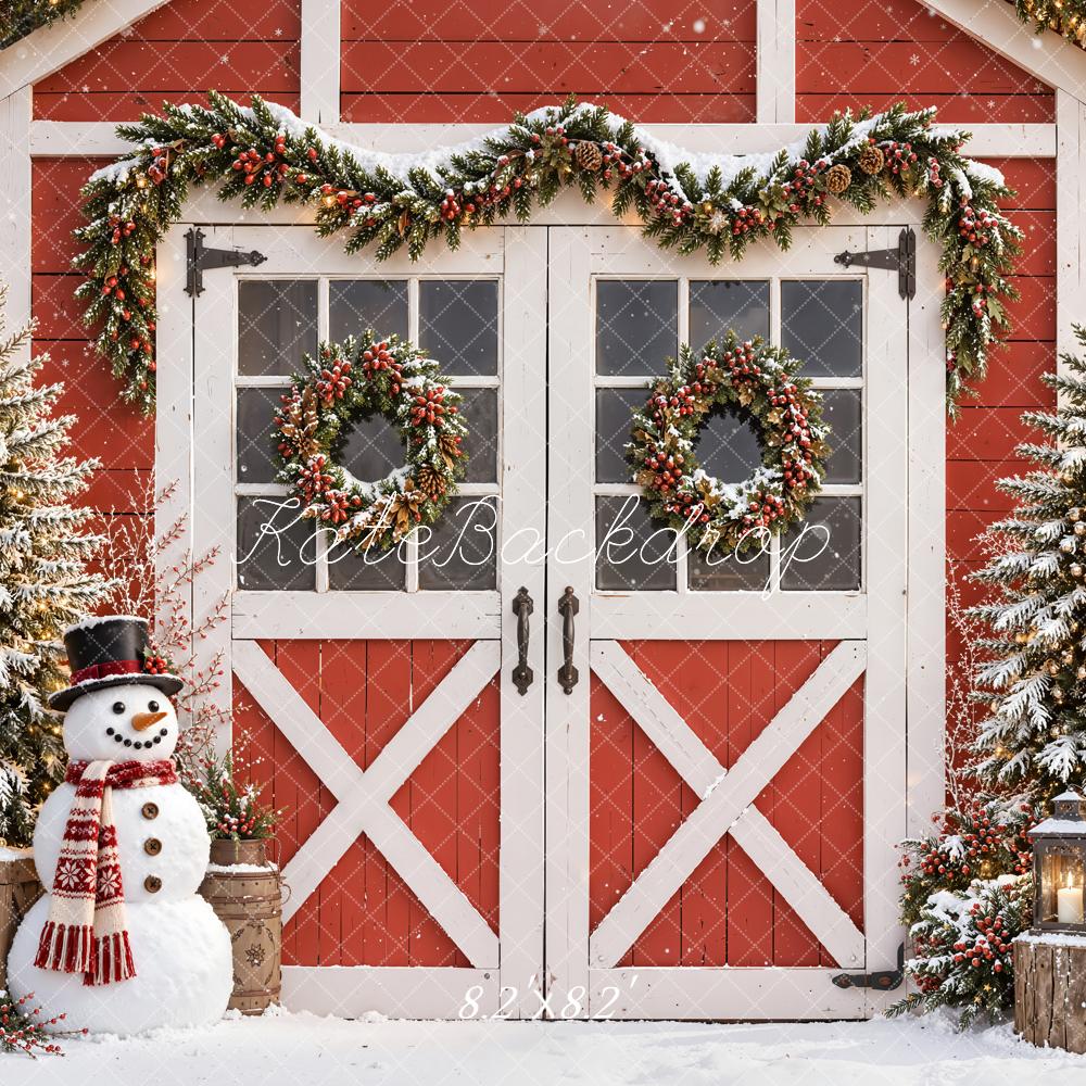 Kate Christmas Red Barn Snowman Pine Trees Printed Backdrop Designed by Emetselch