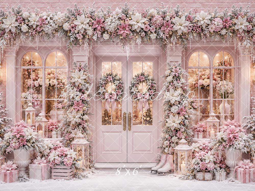 Kate Christmas Pink Snowy Floral Front Door Printed Backdrop Designed by Ashley Paul
