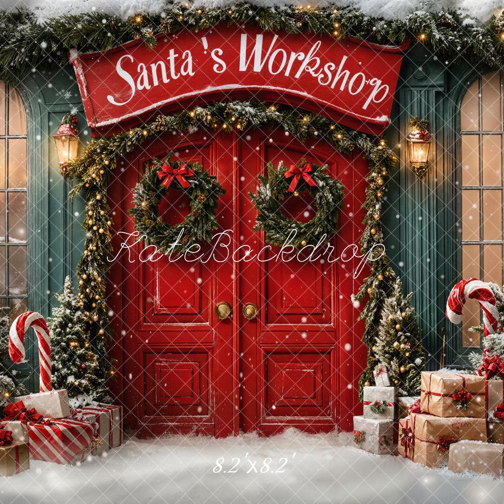 Kate Christmas Santa's Workshop Red Door Snow Backdrop Designed by Emetselch