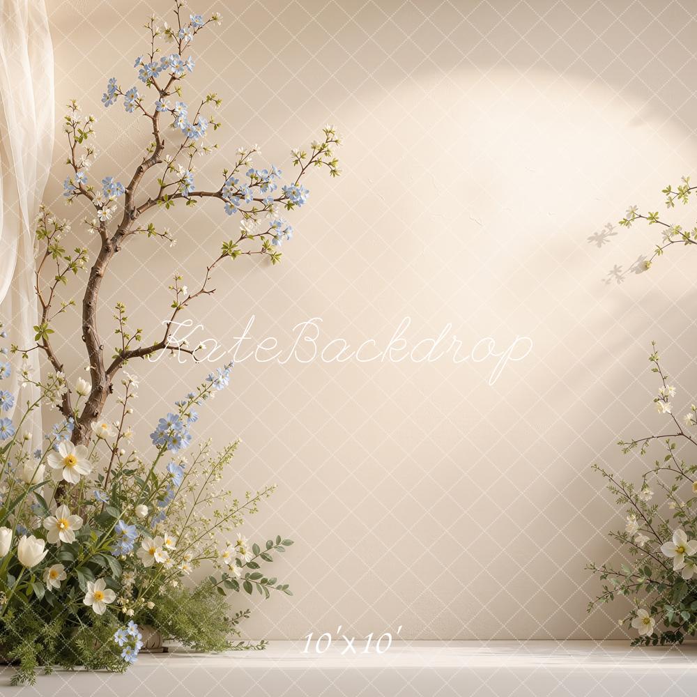 Kate Spring Beige Floral Branches Draped Curtains Printed Backdrop Designed by Shutter Swan Studios