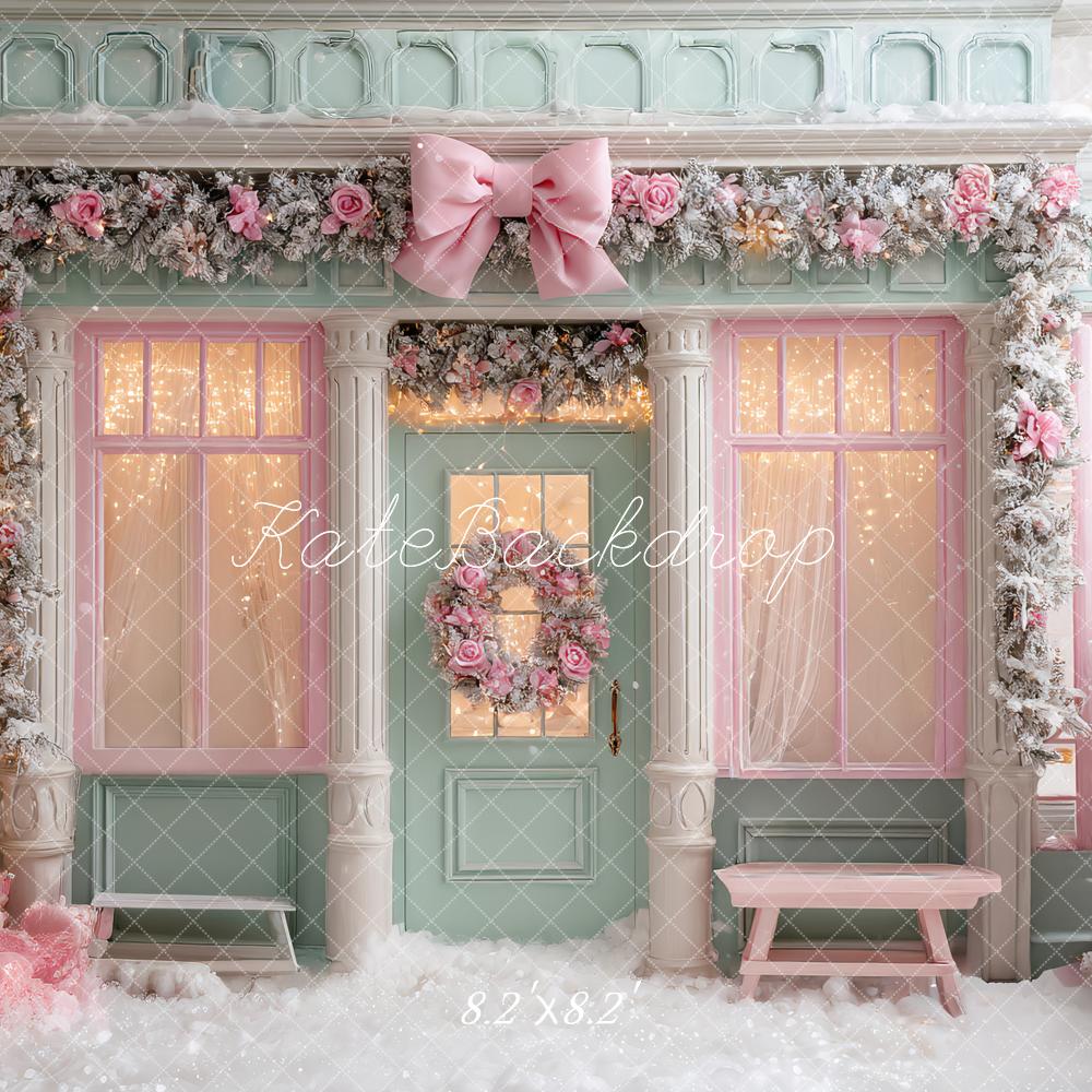 Kate Christmas Pink Shop Front Floral Garland Bow Snow Backdrop Designed by Ashley Paul