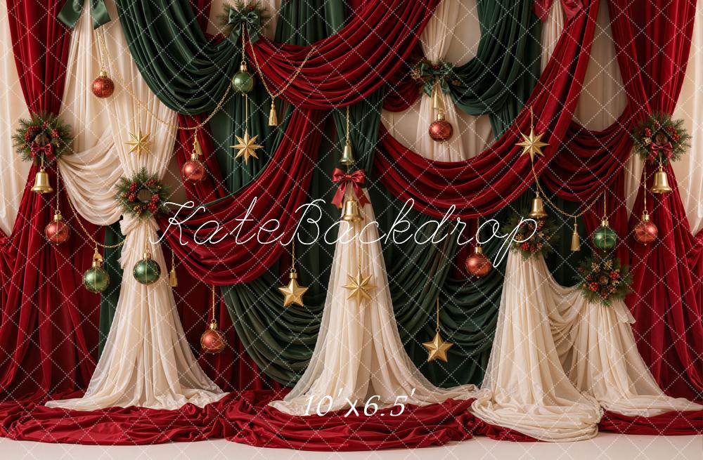 Kate Christmas Red Green Draped Curtains Ornaments Printed Backdrop Designed by Emetselch