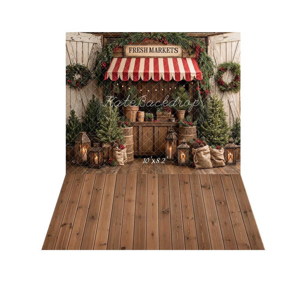Kate Christmas Market Pine Trees Wreath Lanterns Barrels Printed Backdrop+Brown Wooden Plank Floor Printed Backdrop