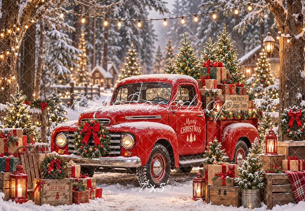 Kate Christmas Red Vintage Truck Gifts Snowy Village Printed Backdrop Designed by Emetselch