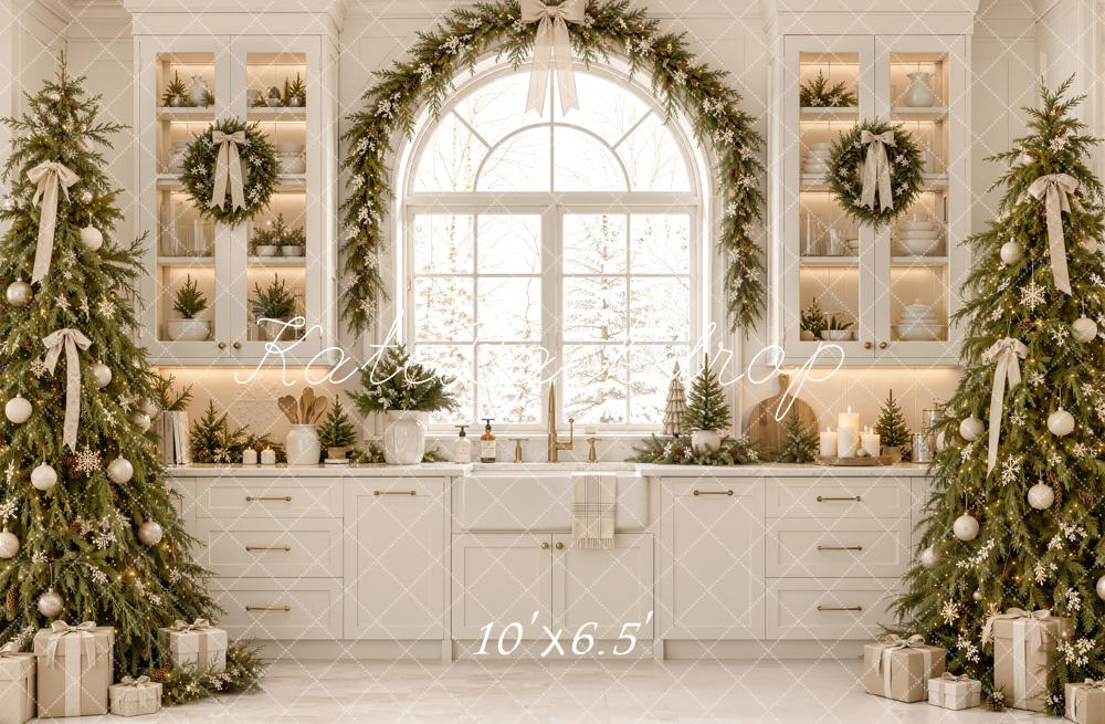 Kate Christmas White Kitchen Cabinet Window Trees Garland Printed Backdrop Designed by Emetselch