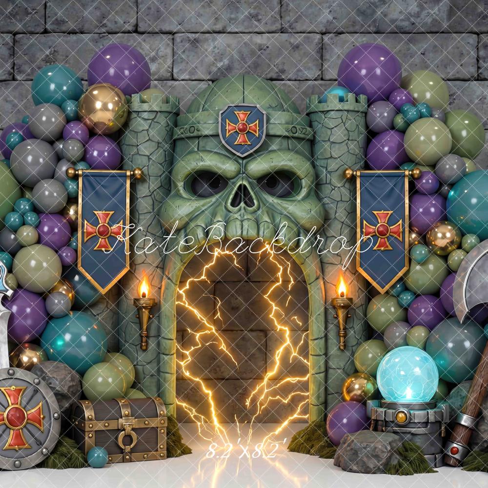 Kate Fantasy Skull Castle Balloons Medieval Weapons Stone Printed Backdrop Designed by Mini MakeBelieve