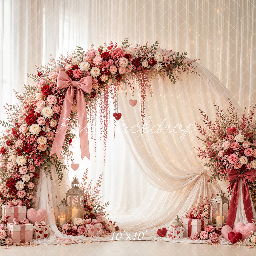 Kate Valentine's Day Circle Flower Arch Pink Roses Drapes Printed Backdrop Designed by Emetselch