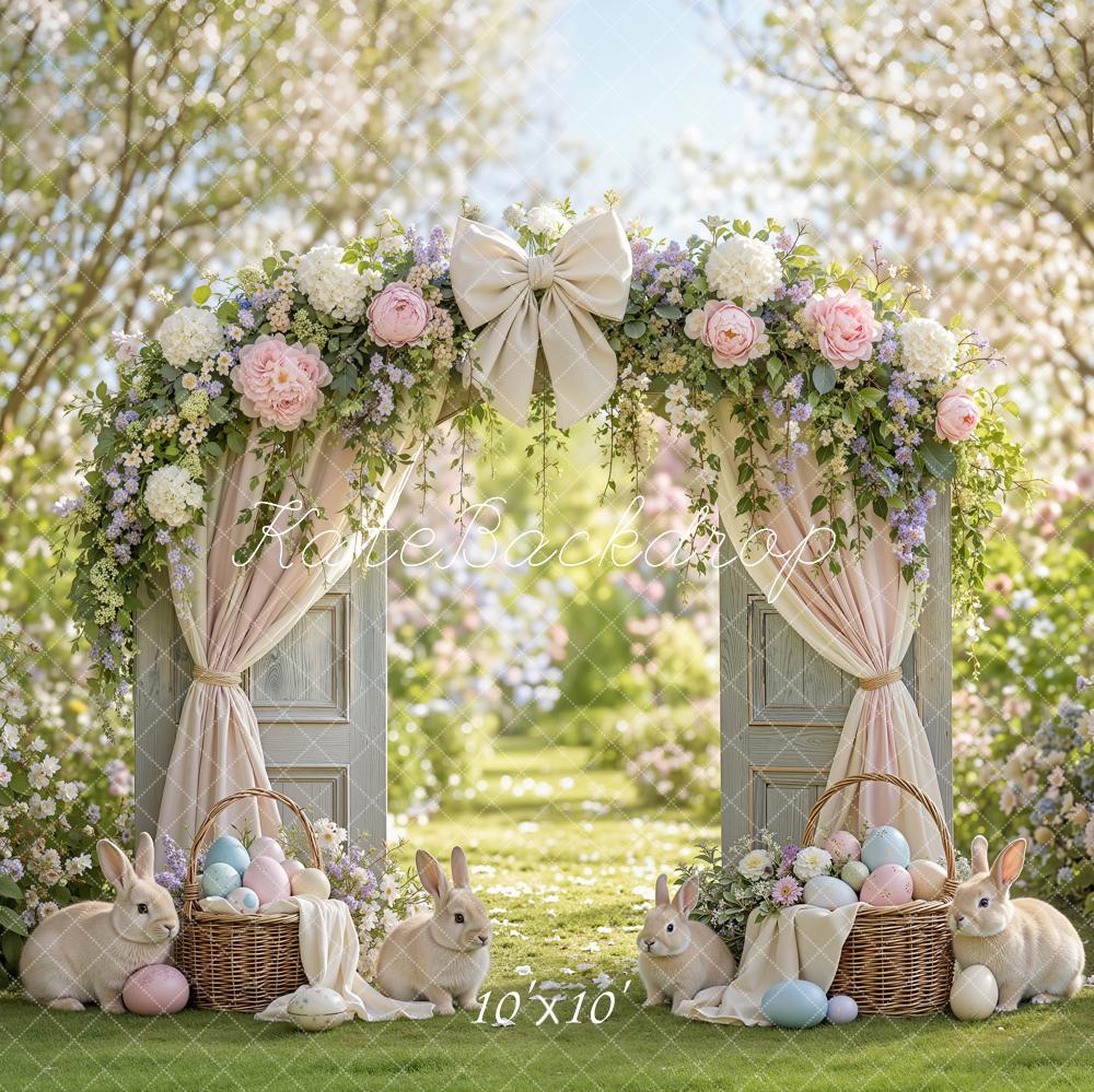Kate Easter Flower Arch Garden Door Bunny Bow Curtains Printed Backdrop Designed by Emetselch