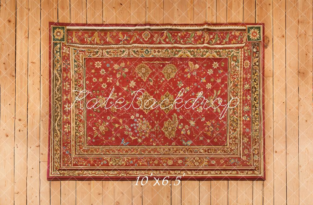 Kate Red Ornate Rug on Wood Floor Printed Backdrop Designed by Kate Image