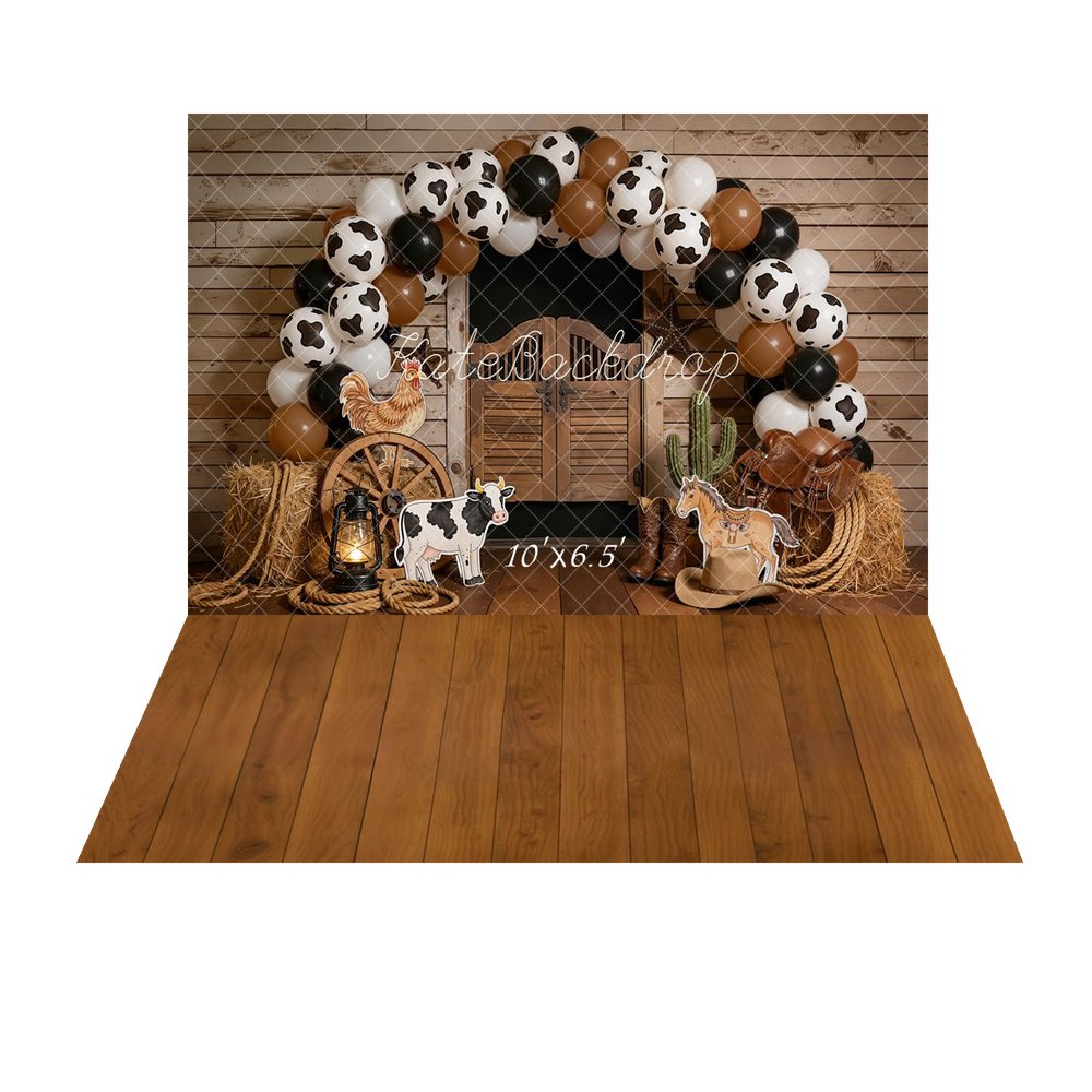 Kate Cake Smash Western Saloon Barn Cow Print Balloon Arch Farm Animals Backdrop+Brown Wooden Plank Retro Floor Backdrop