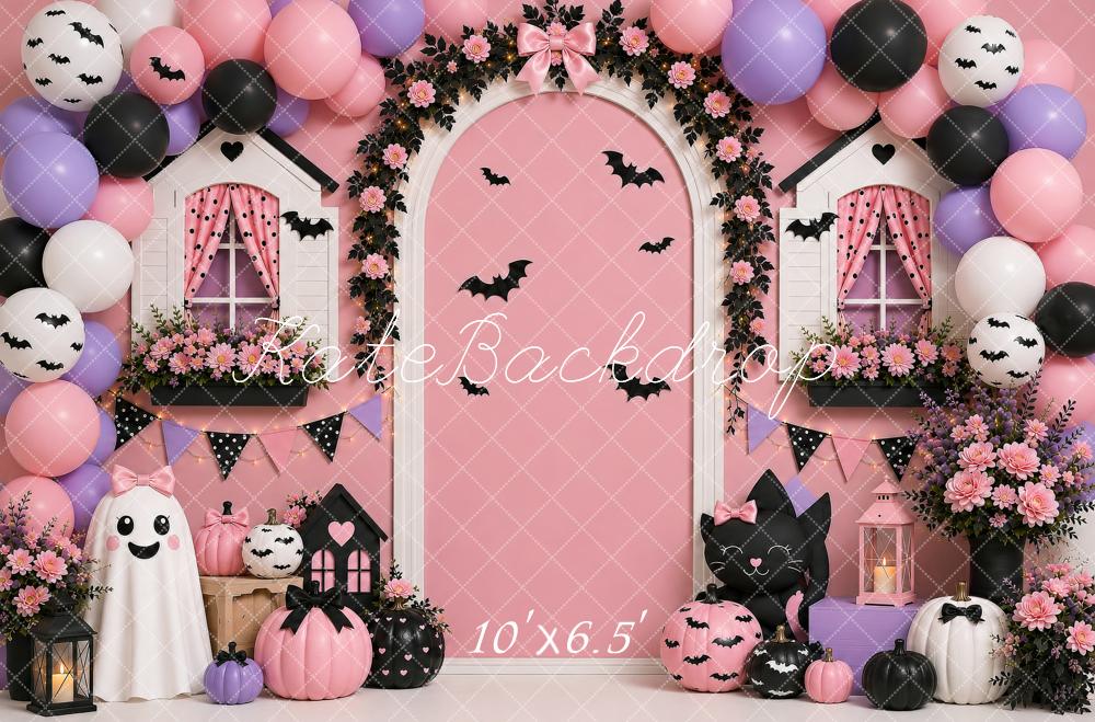 Kate Halloween Party Pink Balloon Floral Arch Cute Ghost Printed Backdrop Designed by Shutter Swan Studios