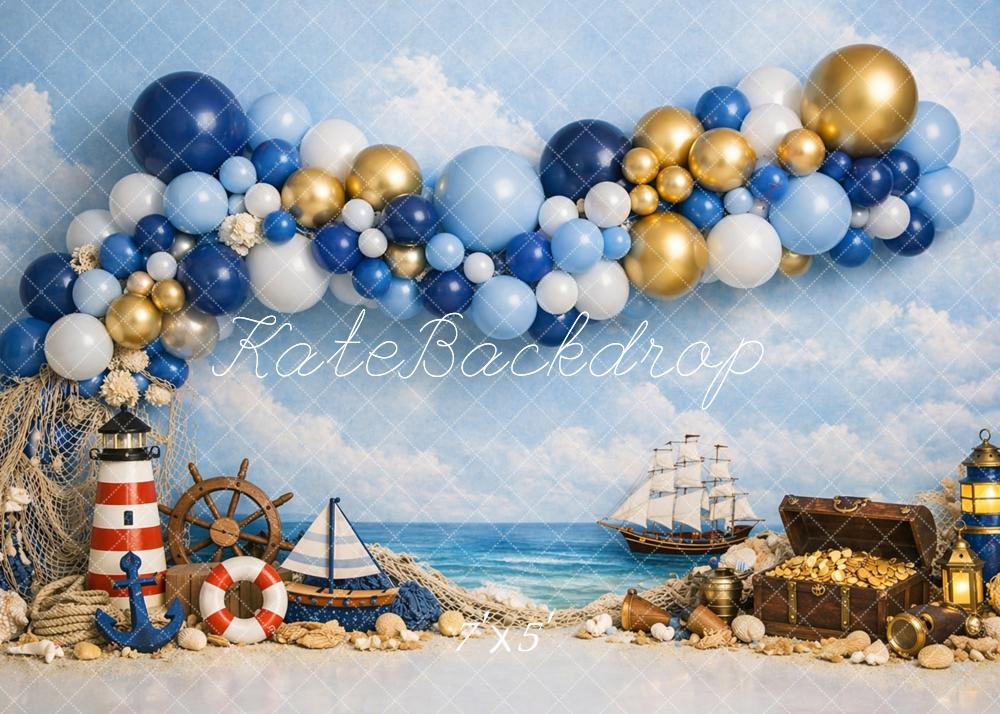 Kate Nautical Balloons Pirate Ship Treasure Lighthouse Printed Backdrop Designed by Caitlin Lynch