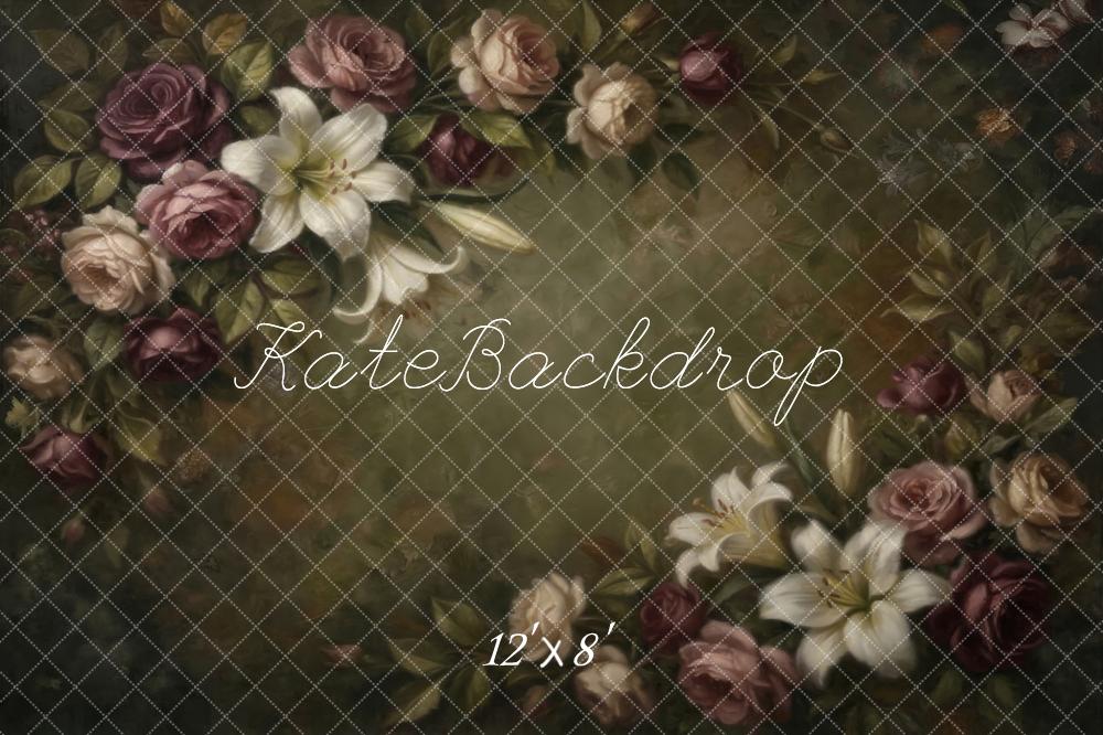 Kate Fine Art Vintage Roses Lilies Floral Arrangement Printed Backdrop Designed by Emetselch
